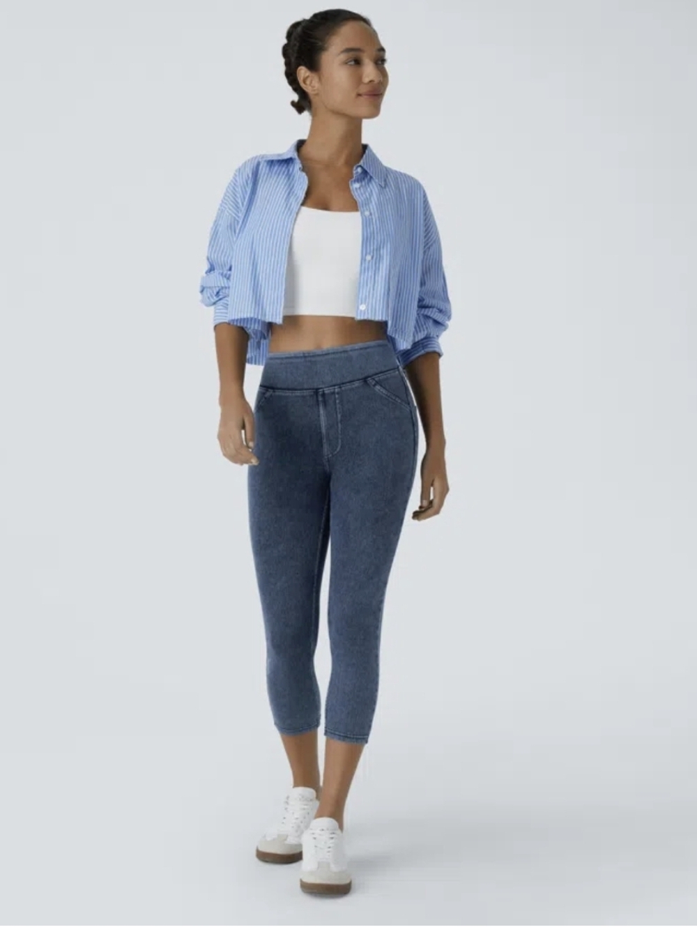 Halara Flex High Waisted Pocket Denim Capri Casual Leggings Washed Denim